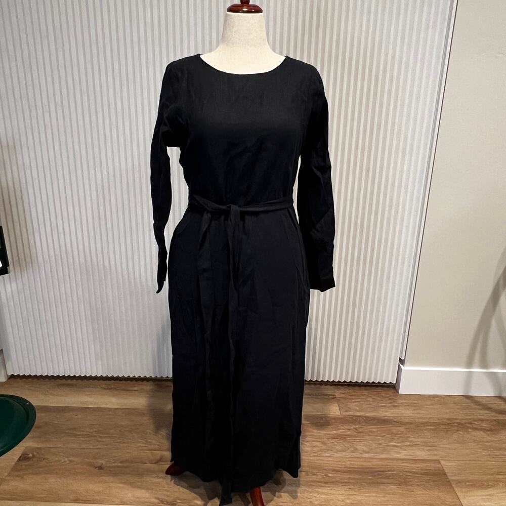 NICHE LINEN Women's Linen Belted Midi Dress Size L In Black